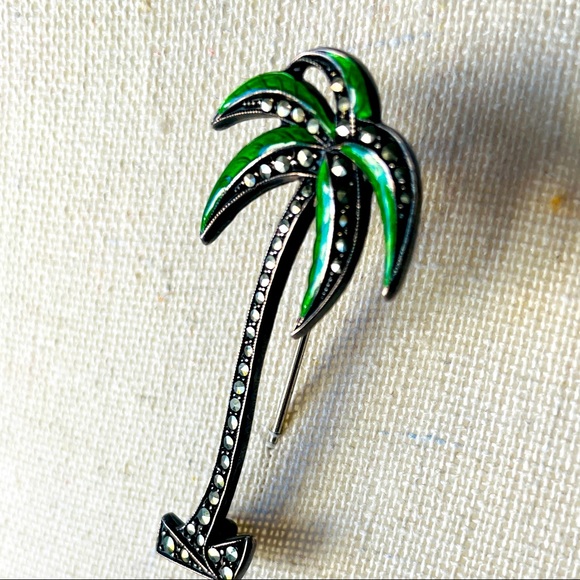 Vintage Sterling Silver Palm Tree Brooch Pin Green Enamel Leaves - Picture 3 of 7